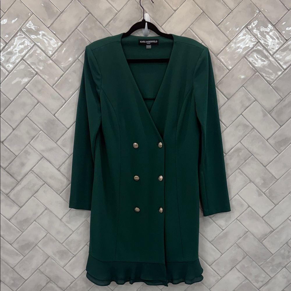 Karl Lagerfeld Emerald Green Double-Breasted V-Neck Long Sleeve Dress